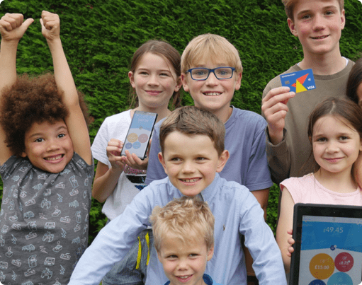 Group of kids enjoying RoosterMoney app and card